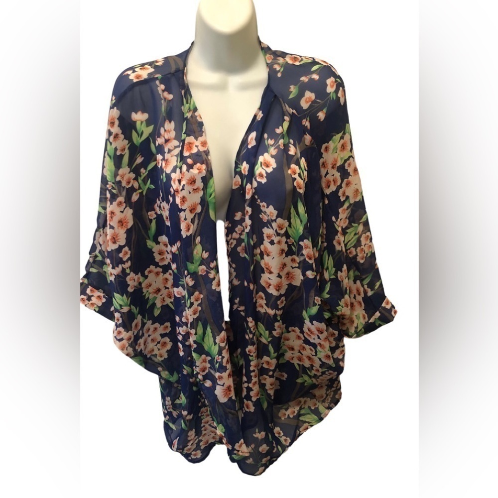 Floral Kimono Sheer Blue Pink Open Concept Short Sleeve Flowing Summer Sz M